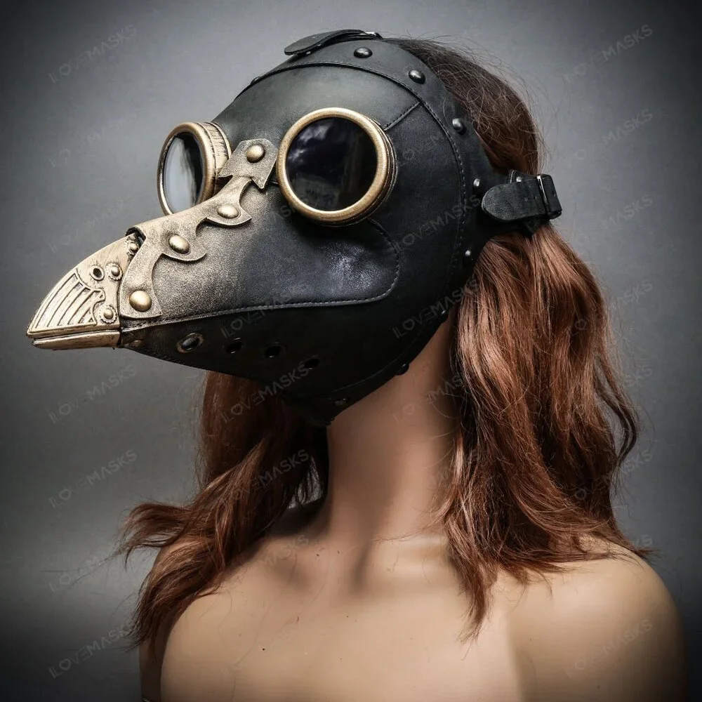 Black Steampunk Plague Doctor w/ GOLD Goggle Short Bird Beak Halloween Mask